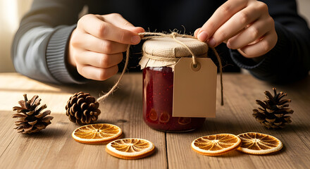 Wrapping homemade jam jar with festive decor, detailed warm realism.