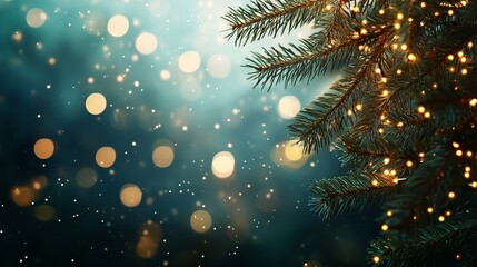 Festive holiday magic featuring glowing bokeh lights and evergreen branches for seasonal greetings and warm wishes during the winter season