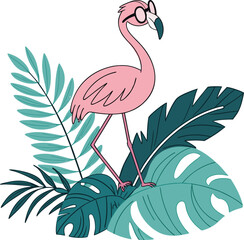 Cool flamingo wearing glasses standing amongst lush tropical leaves, perfect for bright summer party invitations or trendy stationery designs