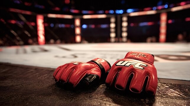 Ufc gloves representing the intensity of mixed martial arts combat, symbolizing the challenge, dedication, and potential end of a fighter's career, placed inside an empty cage