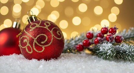 Obraz premium Festive red and gold Christmas ornaments on snow, with bokeh lights and snowy pine branch, winter holiday.