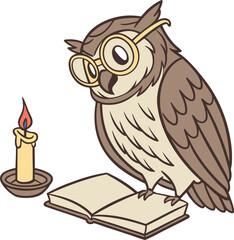 Adorable owl wearing glasses reads a book by candlelight, perfect for children's stories, educational materials, and whimsical designs for book lovers