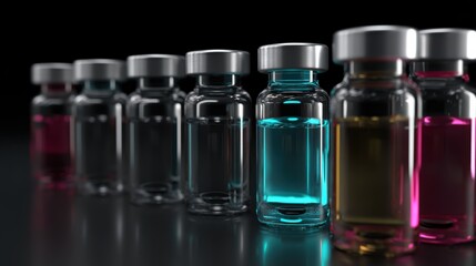 Cyan glow vial among geometric cylinders