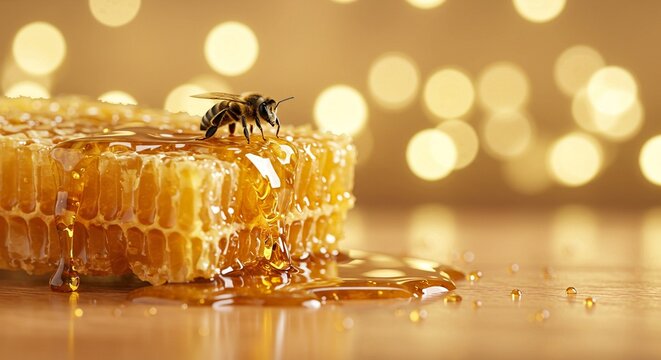 A bee gathers atop dripping honeycomb, creating a close-up portrait of nature's sweet bounty and its maker.