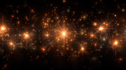 Fototapeta premium Festive orange sparkle, starburst, and shimmering fireworks on a black background. Glowing particles, warm light, and stardust create a luxurious for holiday and New Year cards