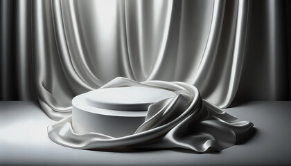 Elegant gray white silk drapery with smooth folds surrounding a white round pedestal. Minimalist luxury background with soft metallic tones and studio lighting for premium product display or branding.