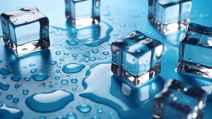 Refreshing ice cubes melt, creating cool water droplets on a vibrant blue surface - Powered by Adobe
