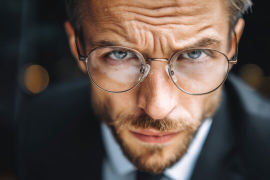 Businessman narrowing his eyes slightly, showing skepticism and focus in a serious business moment.