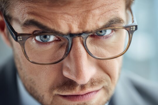 Businessman narrowing his eyes slightly, showing skepticism and focus in a serious business moment.