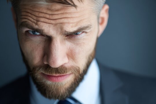 Businessman narrowing his eyes slightly, showing skepticism and focus in a serious business moment.