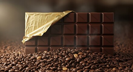 Dark chocolate bar with partially open gold wrapper resting on coffee beans