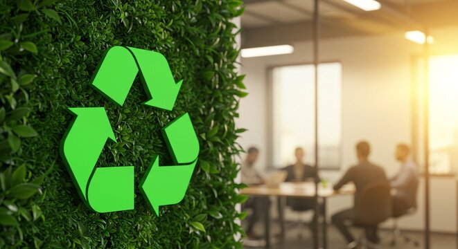 Eco-Friendly Office: Recycle Symbol on Green Wall with Blurred Meeting in Background, Promoting Sustainability