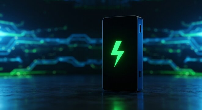 Mobile device displaying green charging lightning bolt symbol against a glowing tech background.