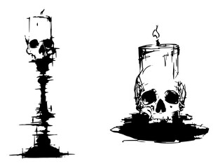 Gothic Hand Drawn Skull with Burning Candle Vector Illustration Set