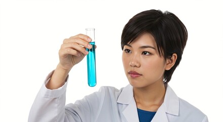 Scientist analyzing a blue liquid sample in a test tube, conducting research and making observations.