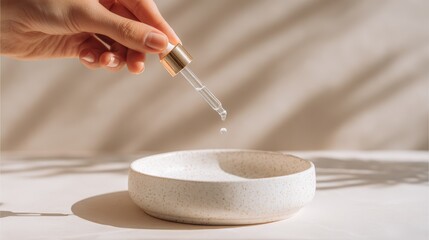 Hands Dripping Serum Into Ceramic Dish With Dropper Bottle For Skincare