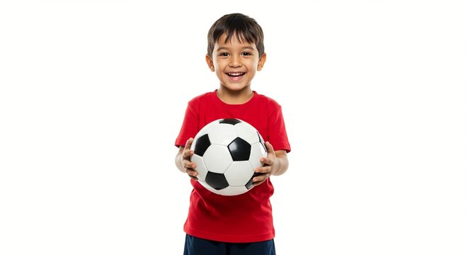 A joyful child is holding a soccer ball while smiling brightly against a clean white background, exuding happiness