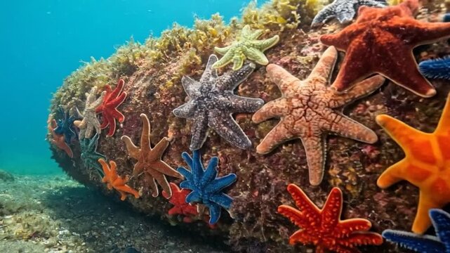 Colorful starfish adhering to underwater rock formation in clear ocean water marine life and echinoderms