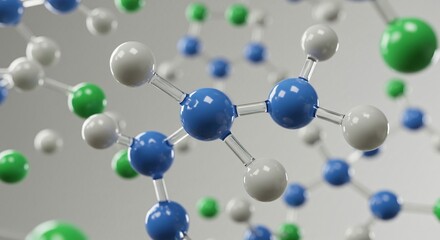 Detailed model of a molecule with spheres representing atoms connected by clear rods on a soft gray background.