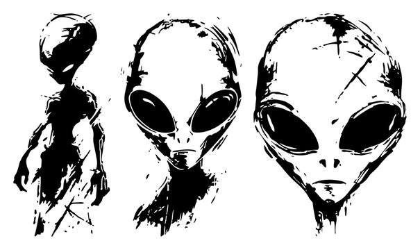 Grunge Sketch of Alien Extraterrestrial Heads Vector Set