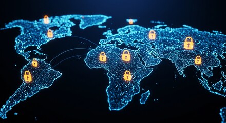 World map with digital connections and padlocks symbolizing global data security and network protection.