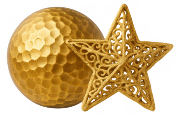 Gold hammered sphere and intricate star holiday ornaments creating a festive christmas decoration, transparent background
