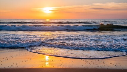 Naklejka premium Sunset Over Ocean Waves Calm Beach Scene with Vibrant Colors and Soft Lighting