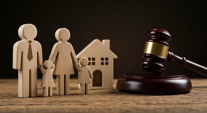Legal ruling affecting family wooden figures and house near a gavel symbolizing a court decision.