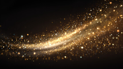 gold dust with glowing light and magical golden flare in festive effect, transparent spark explosion and white shimmer texture, glitter burst on black background for luxury celebration.