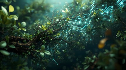 Organic Tech Fusion
Leaves and branches transforming into circuit lines — symbolic mix of nature and technology.