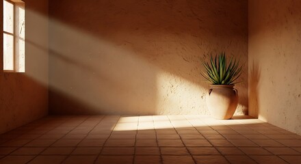Sunlit Mediterranean room with plant and earthen textures evoking serenity