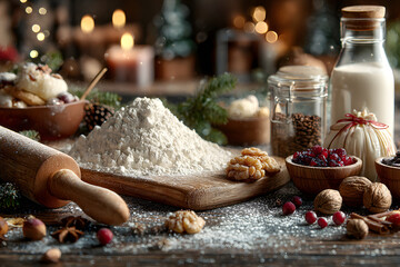 Fototapeta premium Christmas or Xmas baking culinary background. Ingredients for cooking on kitchen table. New Year or Noel holiday festive decorations, copy space