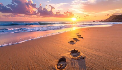 Footprints on a sandy beach at sunset with golden light reflecting on the ocean waves and colorful clouds in the sky