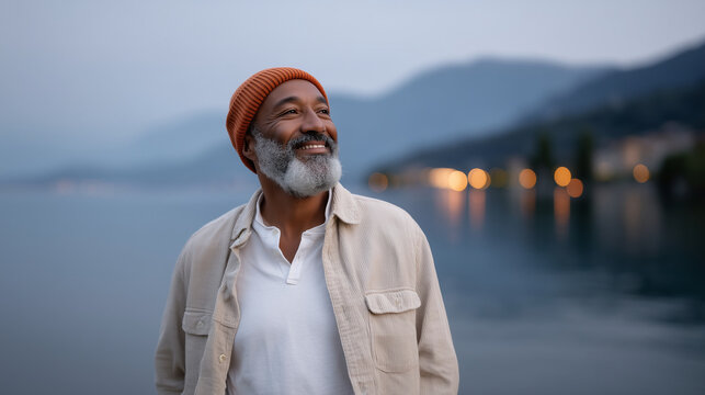 Smiling older man standing outdoors near a calm mountain lake at dusk, enjoying the peaceful natural surroundings. He wears a beige jacket over a white shirt and a rust-colored bea