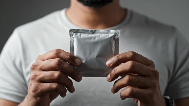 Man Holding Silver Foil Packaging With Product Inside Isolated Against Neutral Background Studio Shot