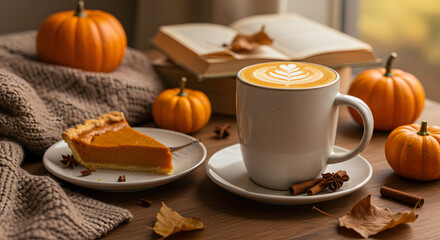 A cozy autumn scene featuring a pumpkin pie slice, coffee, pumpkins, and a book.