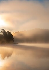 Fototapeta premium Ethereal dawn illumination over tranquil waters creating a serene lakeside ambiance with soft mist