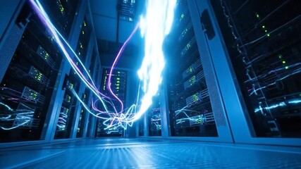 Data center server room showing digital network data transfer with abstract glowing light trails - Powered by Adobe