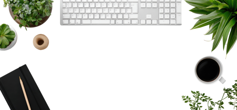 Flat lay of a workspace with a white keyboard, plants, a coffee cup, a notebook, and a pencil