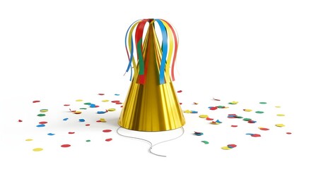 Festive Celebration: A shiny golden party hat adorned with colorful streamers sits amidst a scattering of confetti, creating a scene of vibrant celebration and joy.