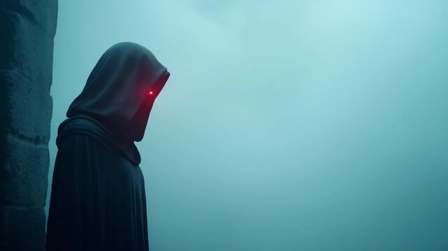 A mysterious cloaked figure with a glowing red eye stands in a dark corridor. Billowing fog creates a suspenseful and ominous atmosphere. Dark fantasy and horror concept with copy space