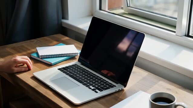 Cozy Home Office Setup with Laptop and Coffee on Wooden Desk