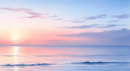 Watercolor sunrise seascape painting with pastel hues and dreamy skies