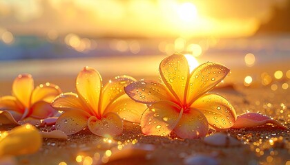 Golden Hour Glow on Tropical Beach with Plumeria Flowers and Sparkling Sand