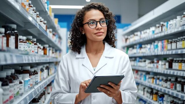 Pharmacist in White Lab Coat Uses Tablet Interacting with Shelves of Medicine Bottles in Modern Pharmacy Interior