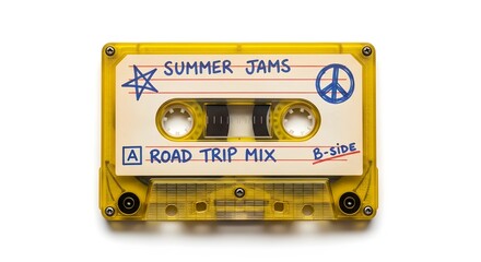 Summer Jams: A vibrant audio cassette tape, labelled with Summer Jams, invites you to relive sun-soaked days, beach vibes, and endless road trip mixes.