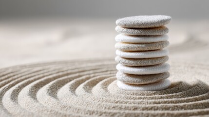 Stacked Pebble Tower on Raked Sand Circle Reflects Calm Balance and Zen Meditation