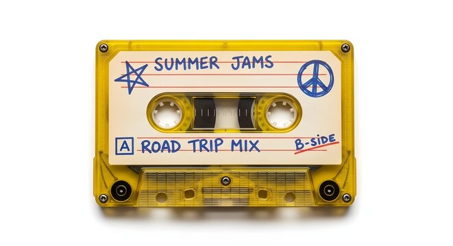 Summer Jams: A vibrant audio cassette tape, labelled with Summer Jams, invites you to relive sun-soaked days, beach vibes, and endless road trip mixes.