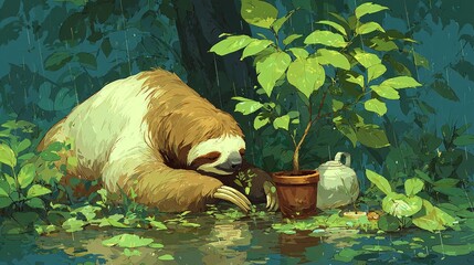 a polar bear relaxes in a lush green environment surrounded by plants and water