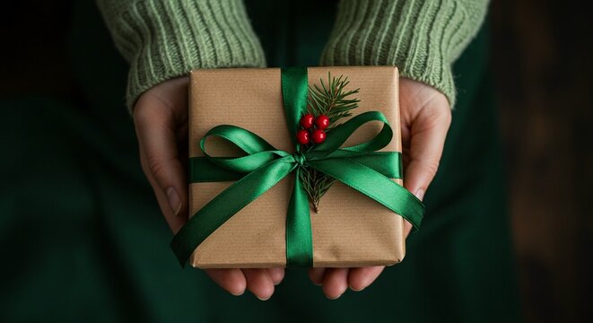 A beautifully wrapped gift with green ribbon and sprig of berries, held by someone in a green sweater.
